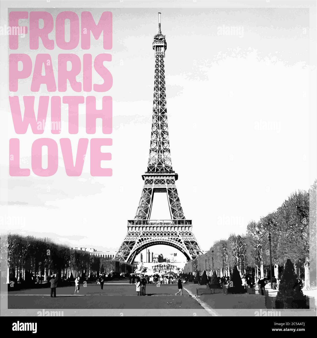 Desde París con Amor - Tarjeta romántica con cita rosa y foto vectorizada de la Torre Eiffel en blanco y negro, Francia, Europa Ilustración del Vector