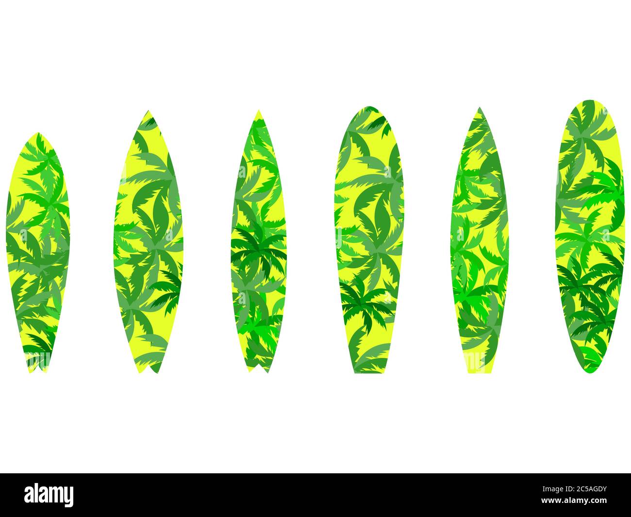 Conjunto de tablas de surf con un patrón de hojas de palma. Tablas de