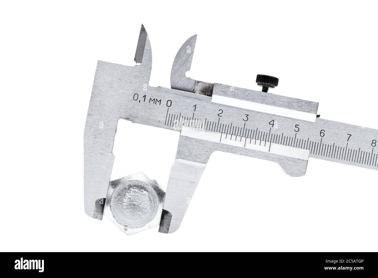 Medida del tamaño del perno del calibre Vernier, herramienta de ingeniería  aislada en la vista lateral del fondo blanco Fotografía de stock - Alamy