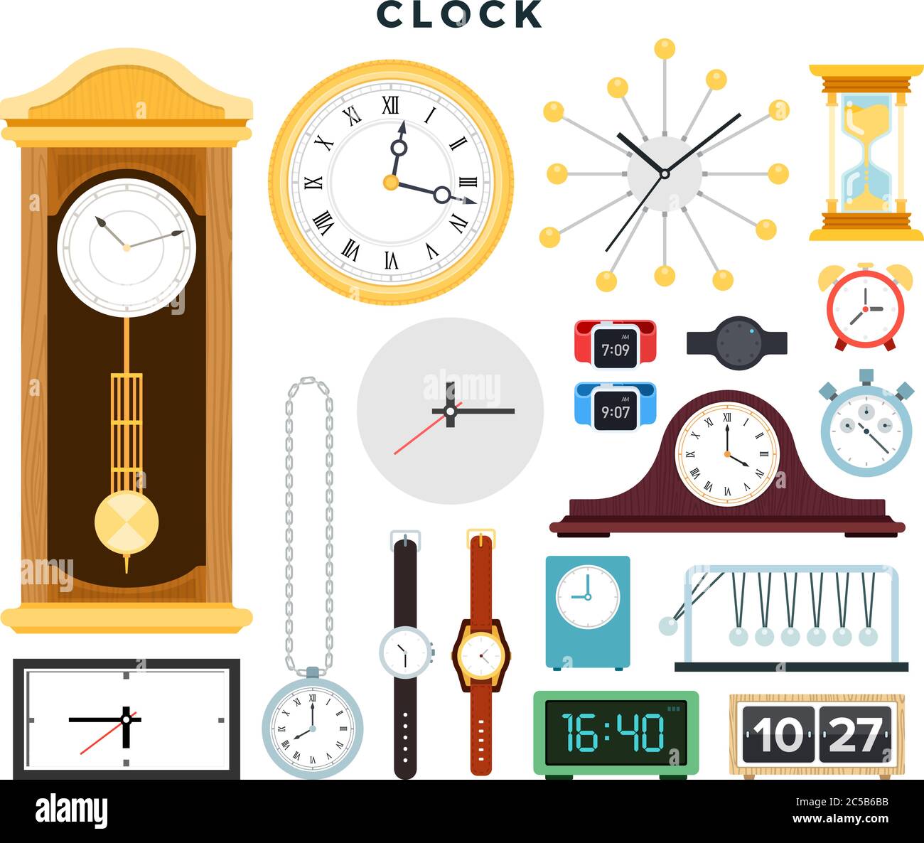 Diferentes relojes antiguos y modernos y relojes de mano, conjunto.  Ilustración vectorial, aislada sobre blanco Imagen Vector de stock - Alamy