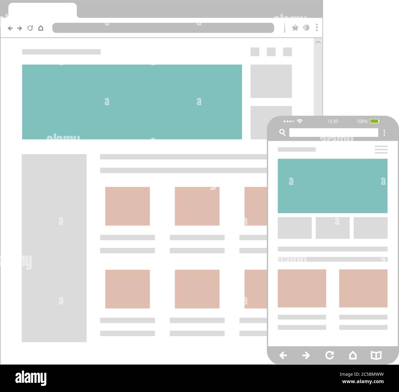 Páginas web estructura alámbrica ilustración / plantilla de diseño web para PC navegador , smartphone. Ilustración del Vector