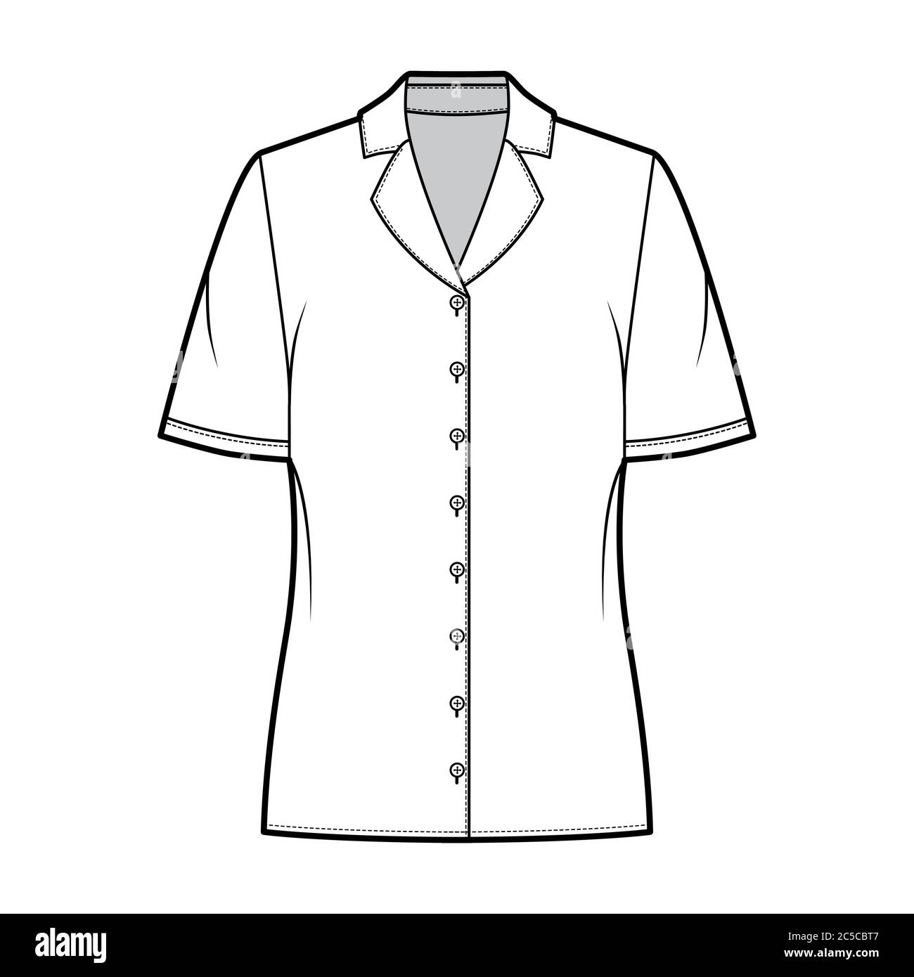 Blusa estilo pijama ilustración técnica de moda con cuello de solapa con  muescas, mangas cortas, cuerpo de ajuste holgado. Plantilla plana de ropa  frontal, color blanco. Mujeres, hombres unisex CAD ropa diseñador