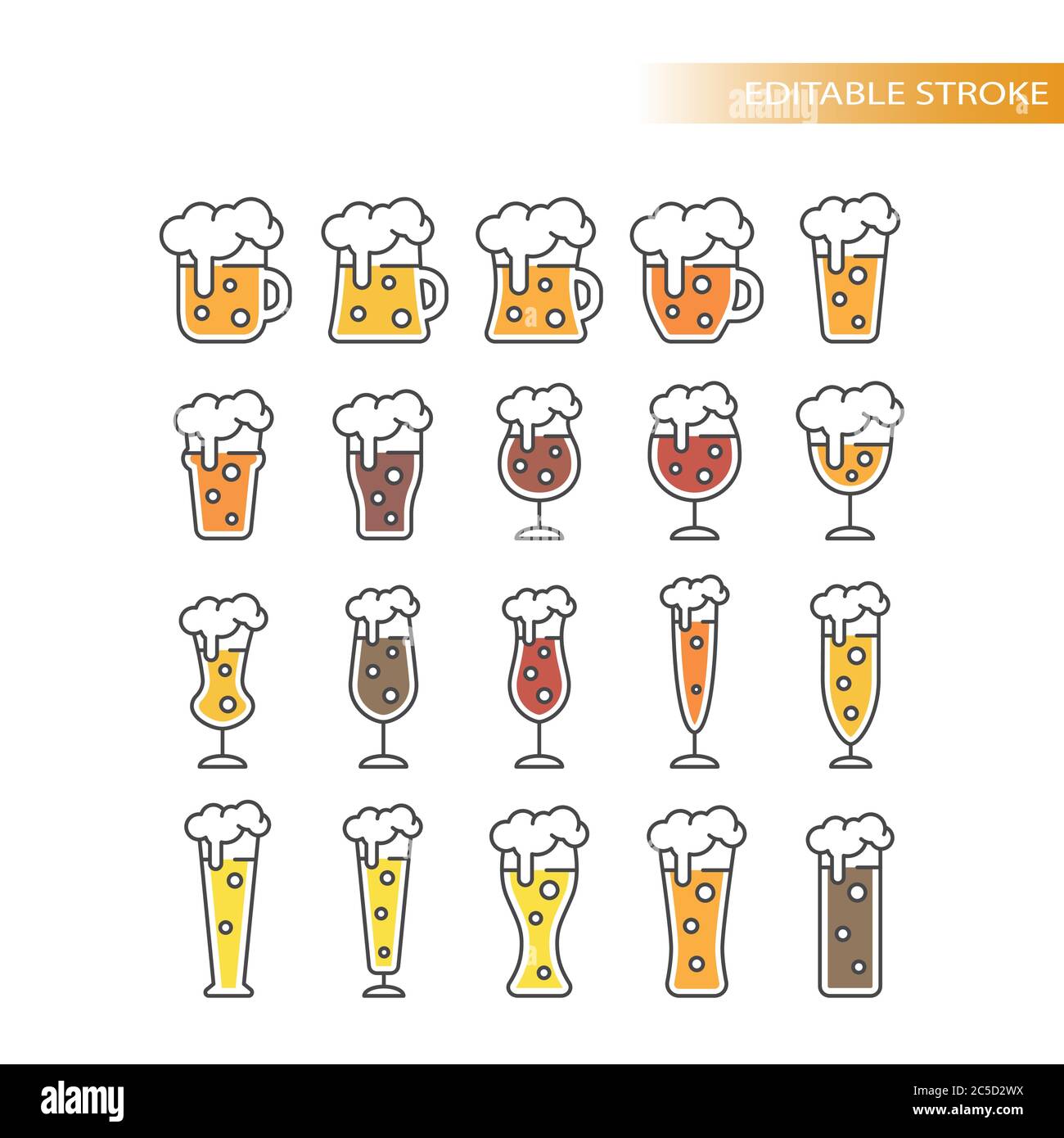 Tipos de vasos de cerveza dibujos animados de colores con trazo editable. Taza de línea, pinta, vidrio de pilsner vector conjunto de iconos. Ilustración del Vector