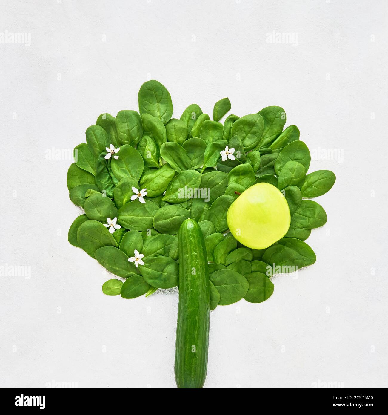 Árbol abstracto hecho de pepino y espinacas verdes. Concepto de alimentos saludables, dieta y pérdida de peso. Vista superior, espacio de copia para texto Foto de stock