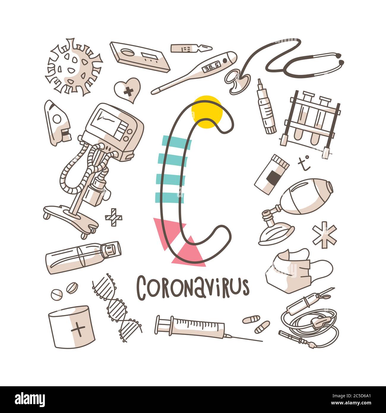 Letra C - Coronavirus, serie de letras lindas en estilo de fideos, ilustración vectorial Ilustración del Vector