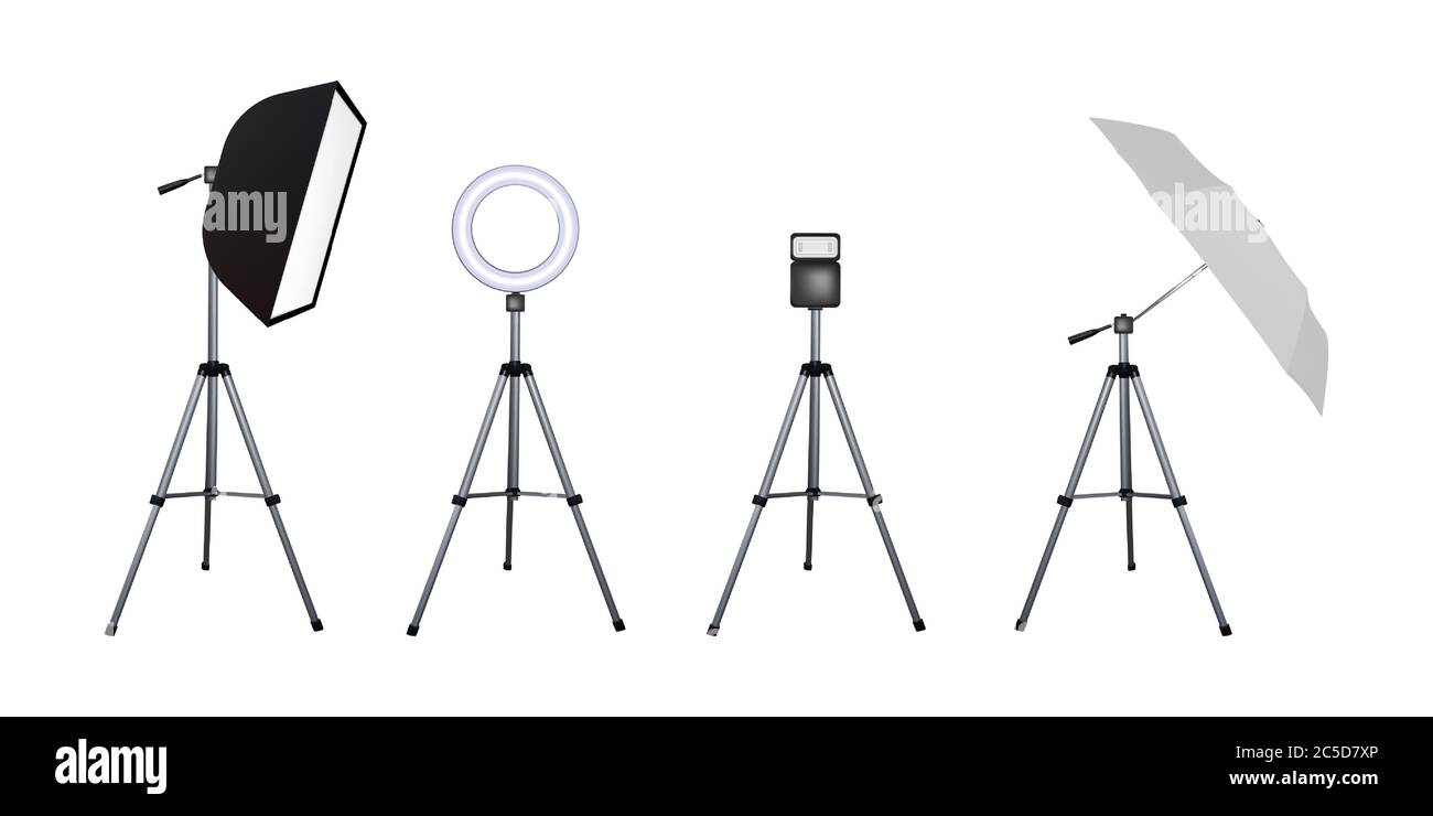 de caja y paraguas, luz de velocidad circular y flash. Equipo de flash de fotos. Ilustración Sofbox de Spotlight Imagen Vector de stock - Alamy