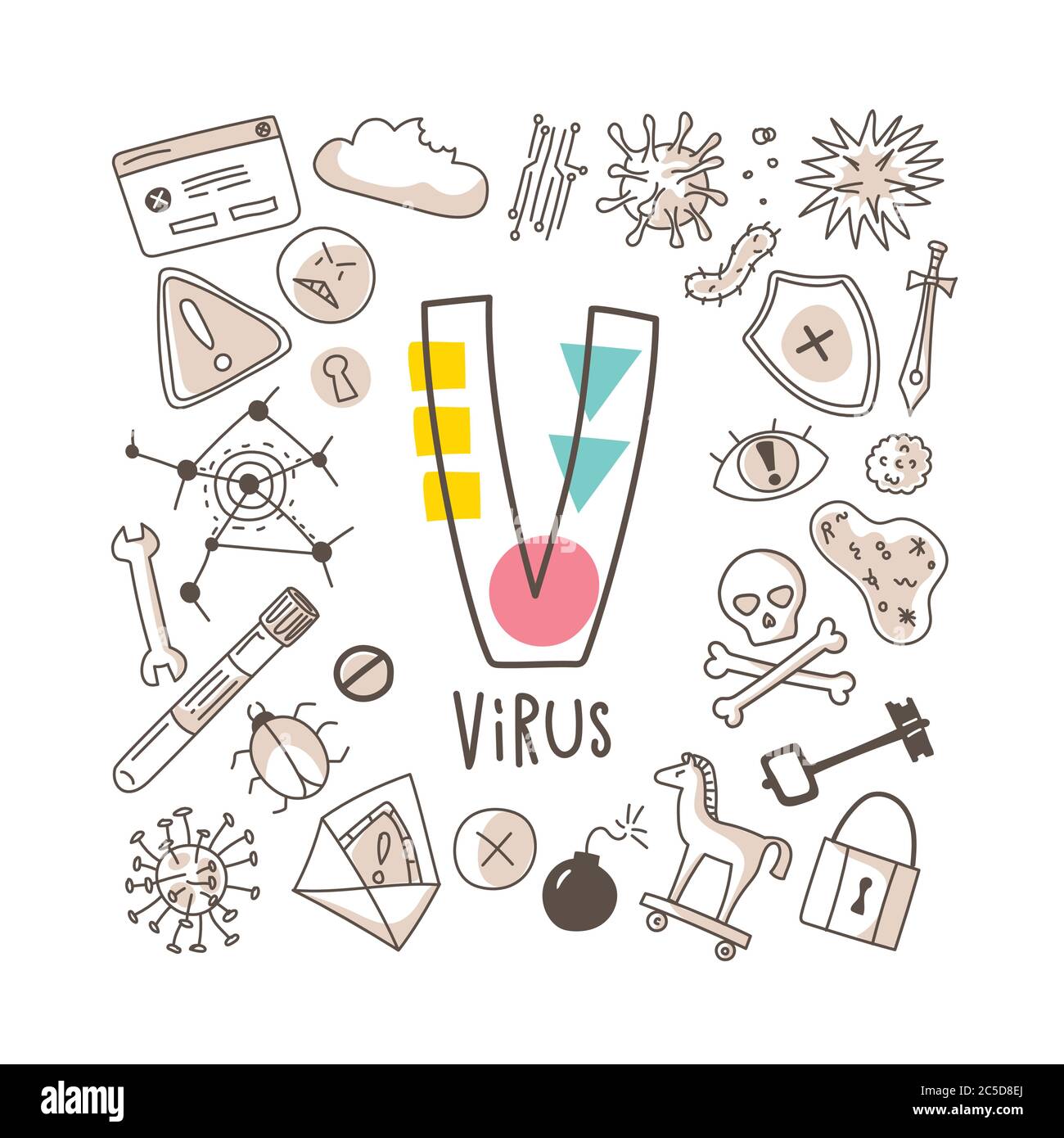 Letra V - virus, serie de letras lindas en estilo de fideos, ilustración vectorial Ilustración del Vector
