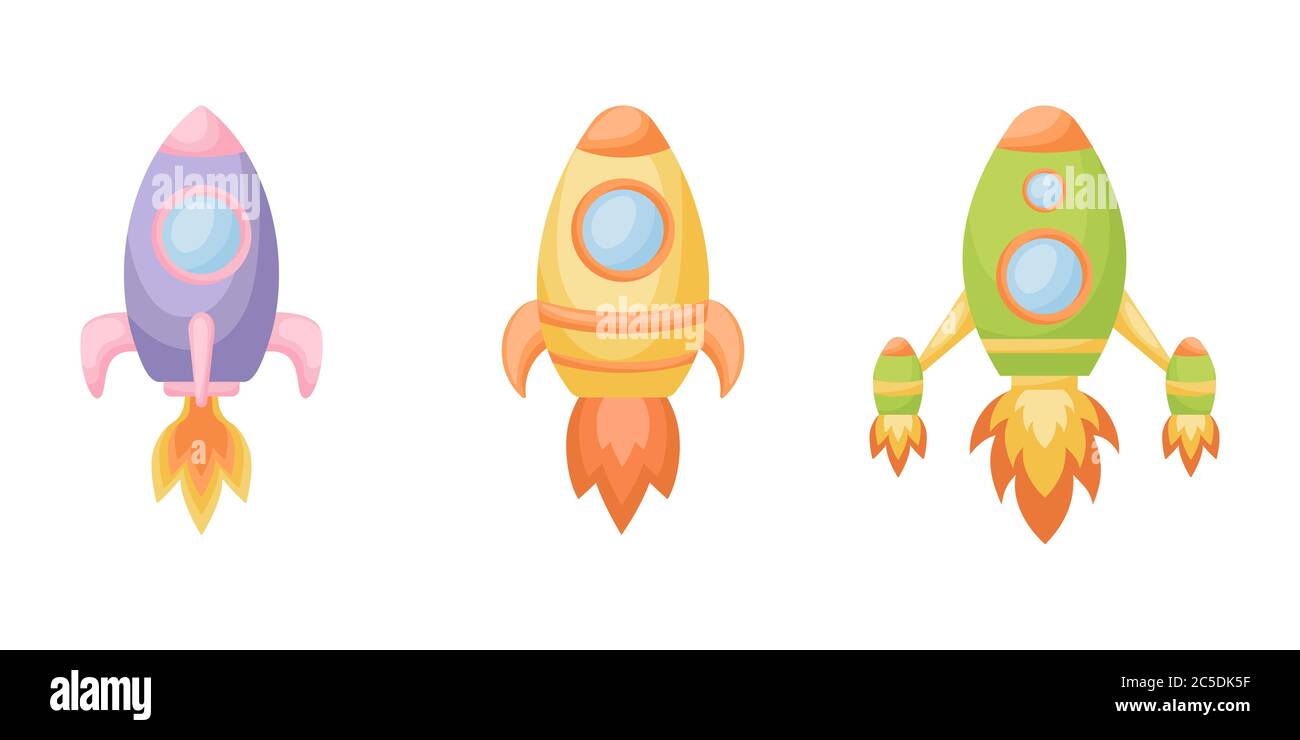 Colección de cohetes de bebé de dibujos animados aislados sobre fondo blanco. Conjunto de diferentes modelos de cohetes para el diseño de las habitaciones de niños textiles de ropa Ilustración del Vector