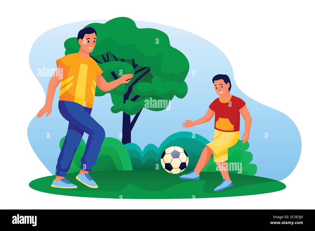 Feliz padre e hijo jugar al fútbol al aire libre. Papá y niño jugando con  pelota de fútbol en el patio o el parque. Dibujo de dibujos animados planos  vectoriales personajes ilustración