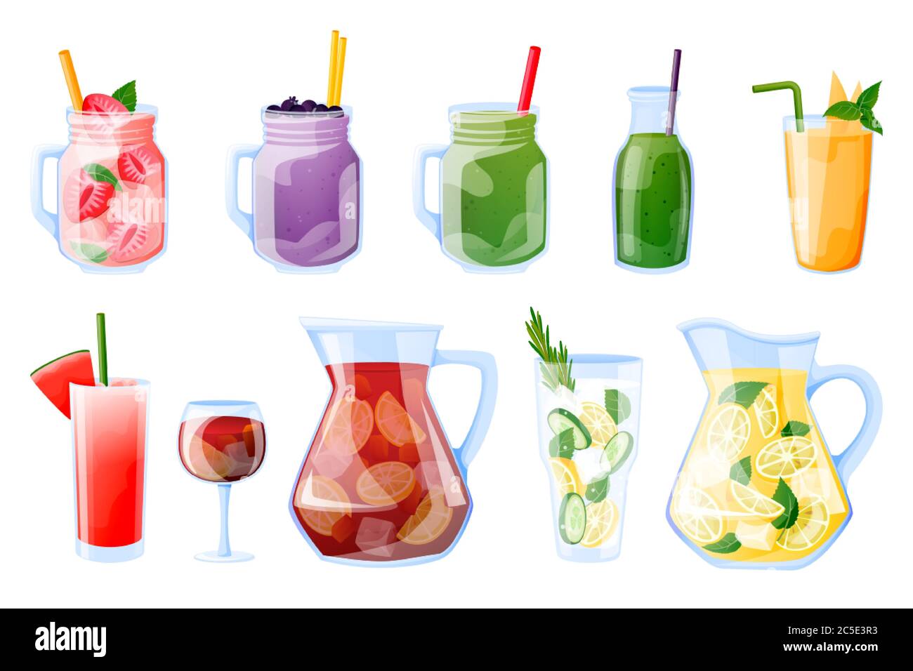 Colección de bebidas tropicales de verano, aisladas sobre fondo blanco. Ilustración de dibujos animados vectoriales. Batido, jugo fresco, sangría, gla de limonada Ilustración del Vector