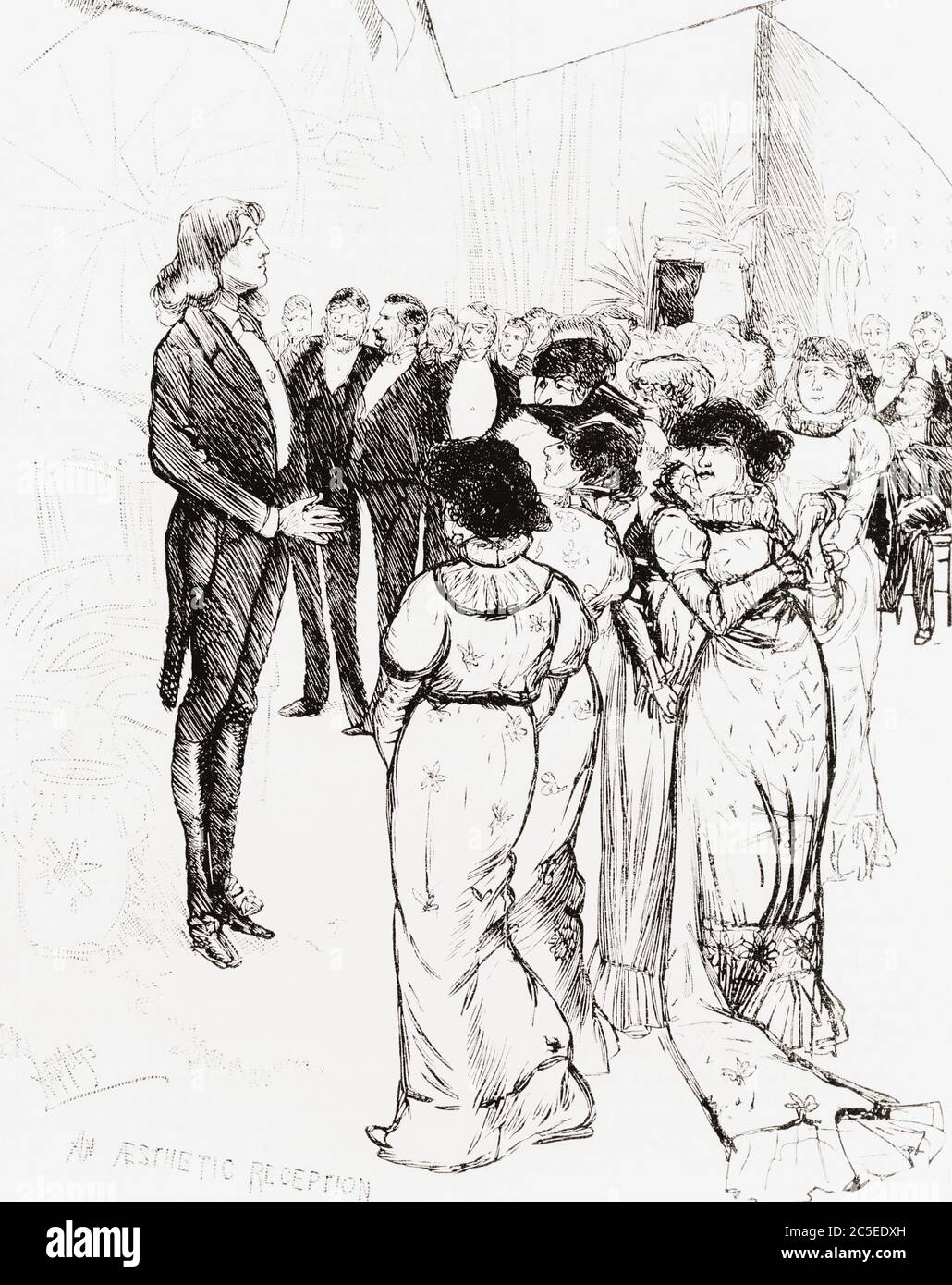 Oscar Wilde en una recepción durante su gira de conferencias americanas de 1882. Oscar Fingal o'Flahertie Wills Wilde, 1854 – 1900. Poeta irlandés y dramaturgo. Después de un grabado de un artista desconocido en el periódico ilustrado de Frank Leslie, 21 de enero de 1882. Foto de stock