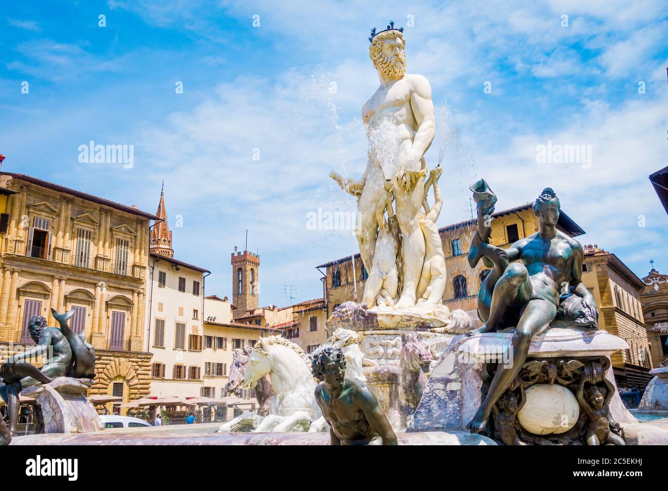 Piazza della Signoria, Palazzo Vecchio y Fuente de Neptuno en Florencia Foto de stock