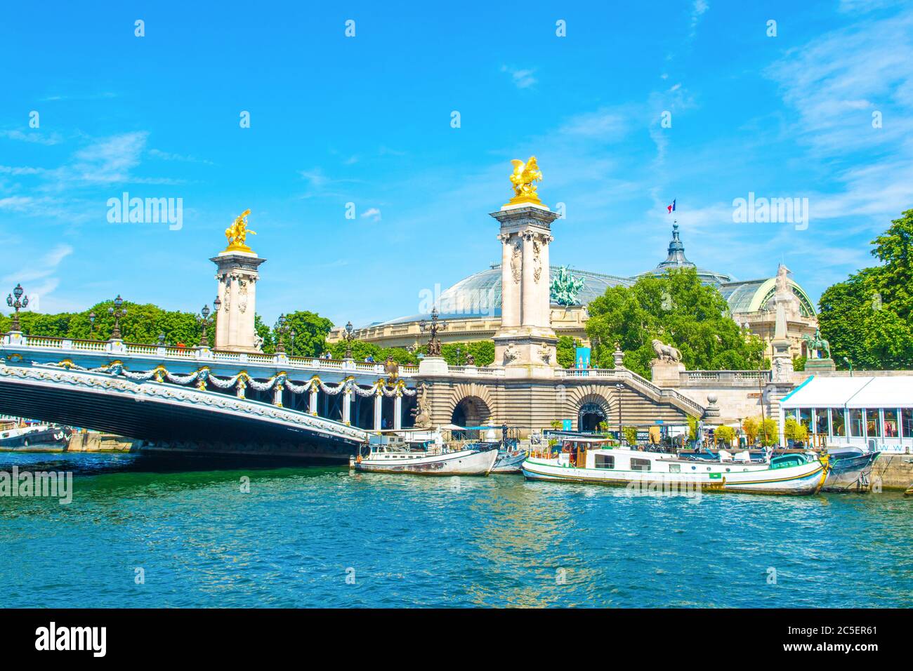 París, Francia - 25 de junio de 2019: Paisaje con el famoso puente Pont Alexandre III sobre el río Sena y el Gran Palacio (el Grand Palais des Champs-E Foto de stock