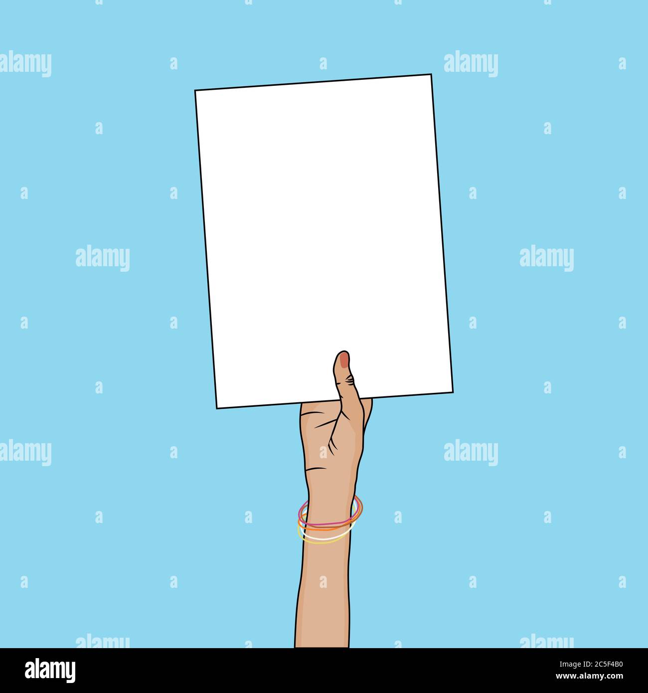 Mano humana sosteniendo un signo de papel en blanco. Marco de tarjeta vacío para la promoción de anuncios o una ilustración vectorial de mensajes. Ilustración del Vector