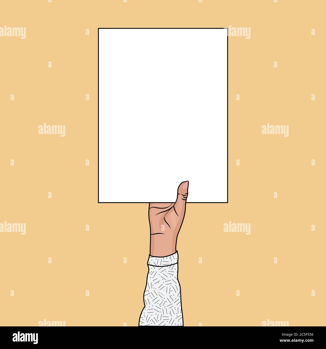 Mano humana sosteniendo un signo de papel en blanco. Marco de tarjeta vacío para la promoción de publicidad o un mensaje. Ilustración del Vector