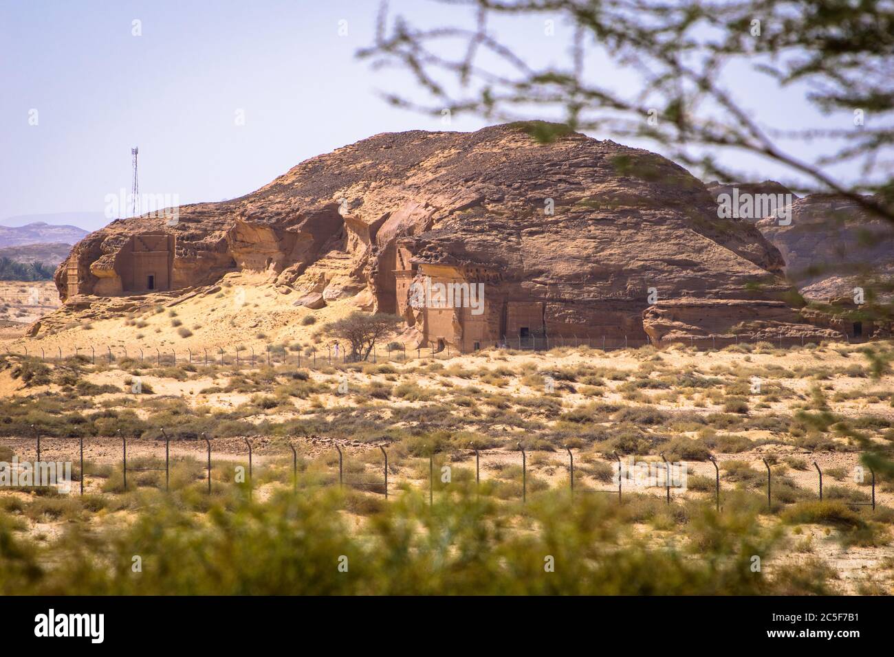 Varias tumbas monumentales cortadas en roca, anheladas por los nabateos en el sitio arqueológico de Madain Salih Foto de stock