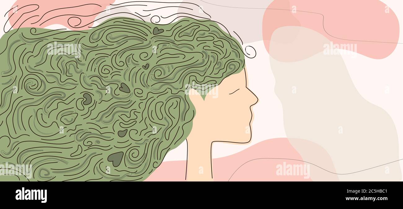 Perfil de la cabeza de la mujer abstracta con remolinos en el cabello. Ilustración del Vector