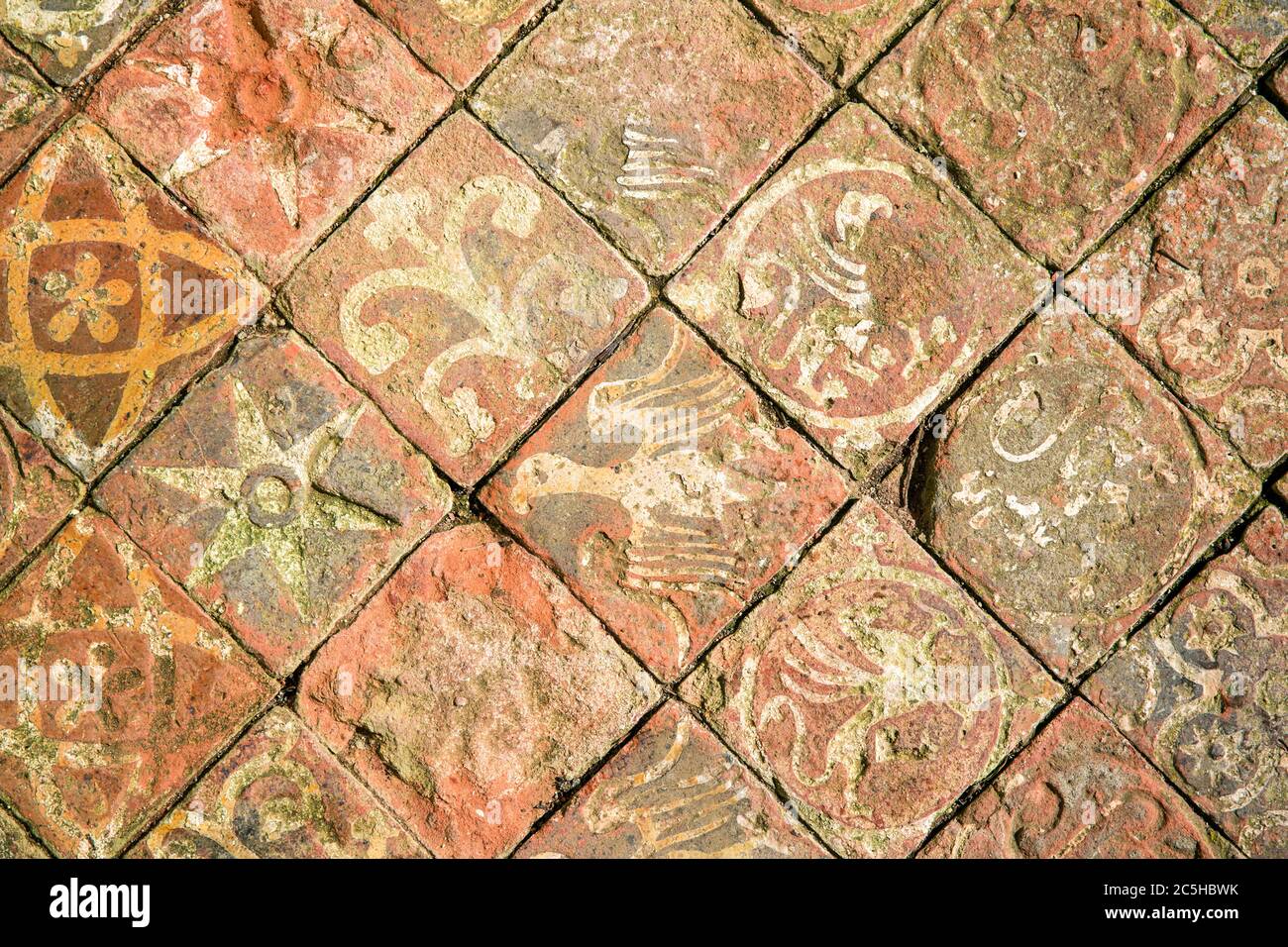 Antiguo piso de baldosas decorativas de cantera, que representa pájaros,  flores y estrellas Fotografía de stock - Alamy