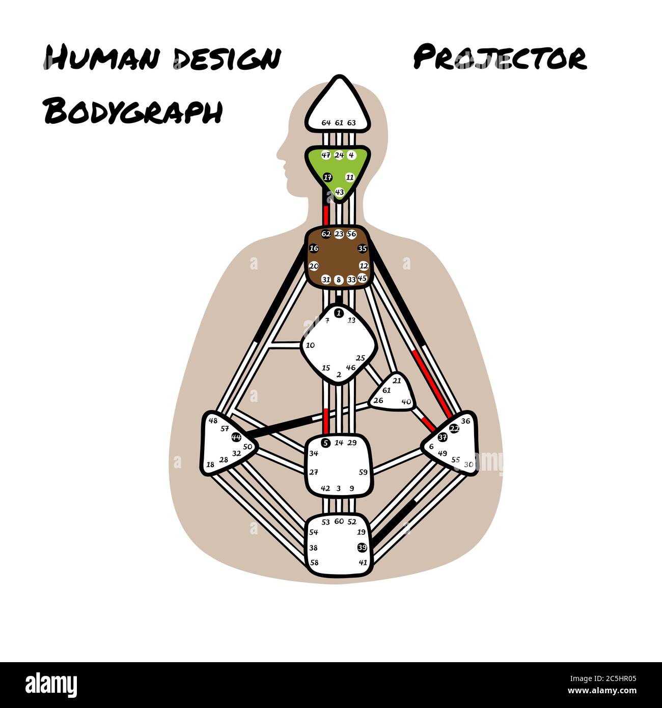 Proyector. BodyGraph de diseño humano. Nueve centros de energía de colores  Imagen Vector de stock - Alamy