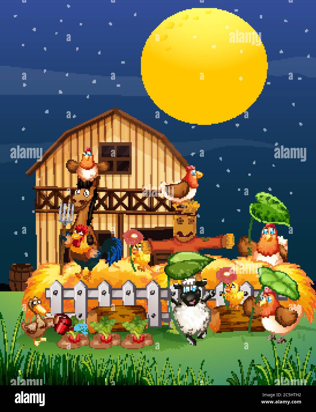 Escena de granja con granja de animales en la noche dibujos animados estilo  Imagen Vector de stock - Alamy