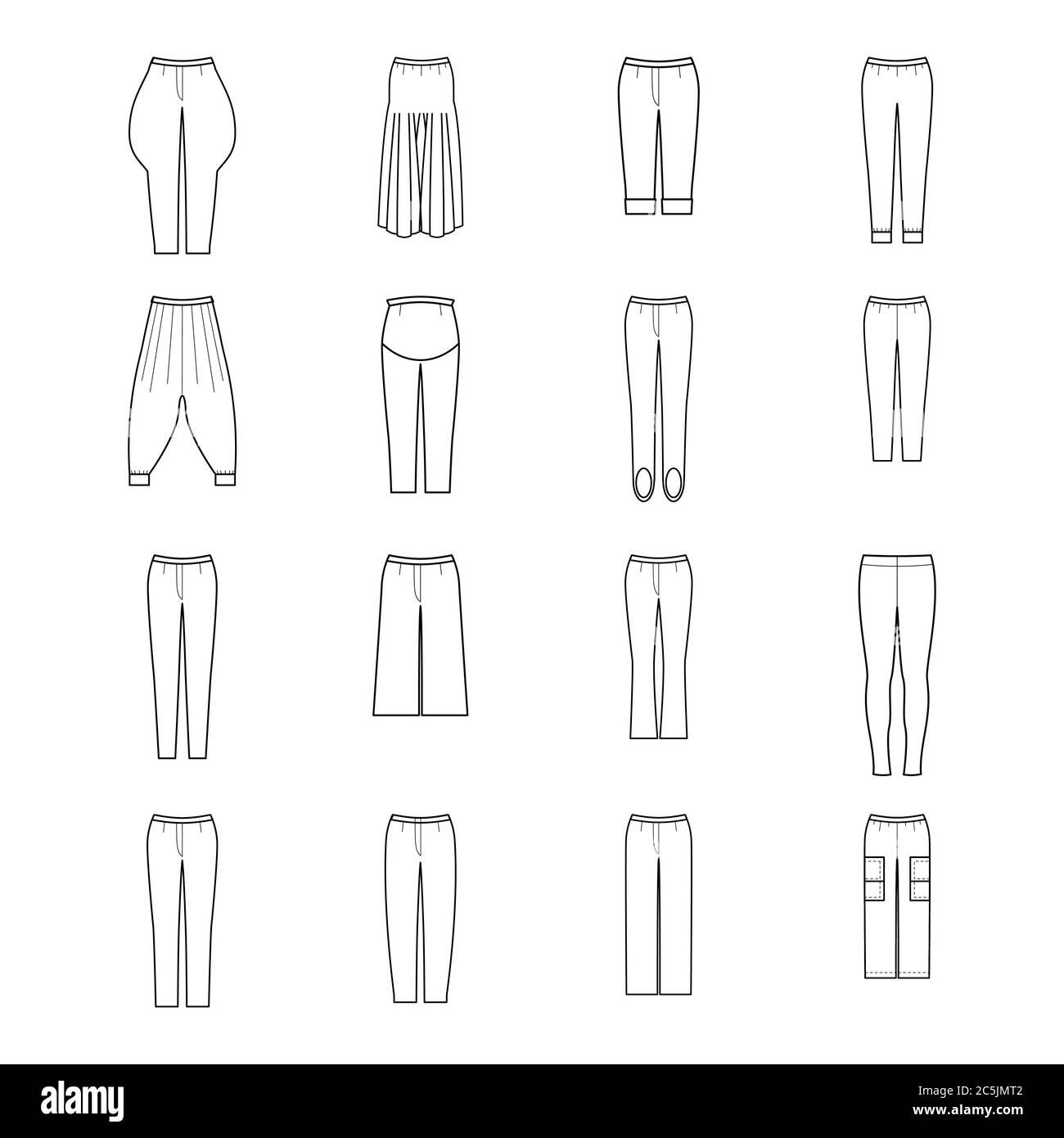 Pantalones para mujer conjunto. Pantalones patrón para personalizar. y croquis de diseño técnico Imagen Vector de stock - Alamy