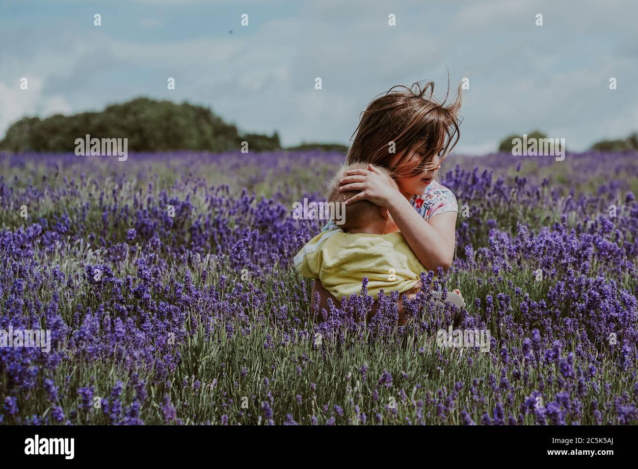 Hermana mayor y hermano pequeño en Lavender Field, Reino Unido Foto de stock