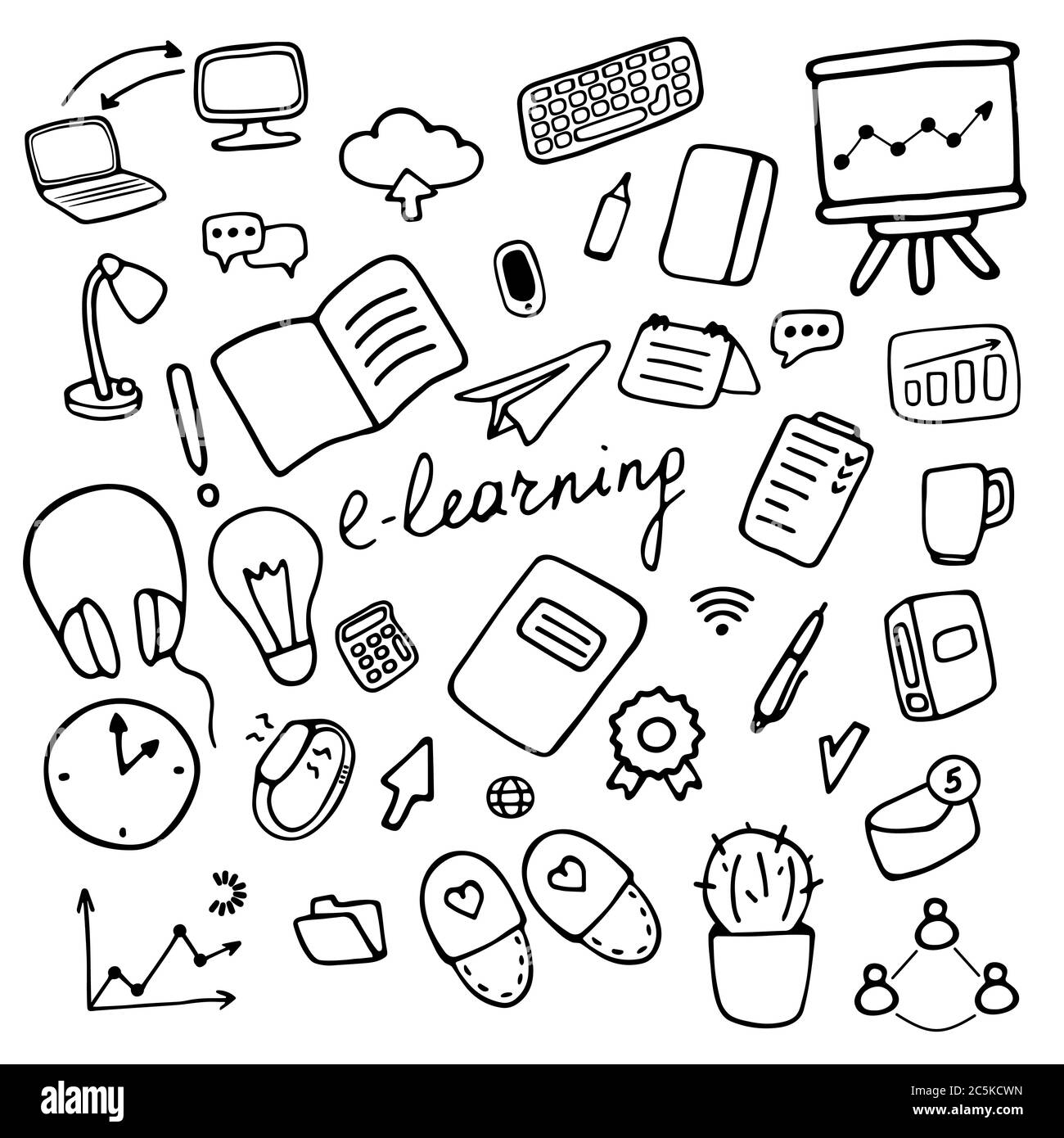 Conjunto de iconos de e-learning. Símbolos de educación en línea. Ilustración vectorial dibujada a mano Ilustración del Vector