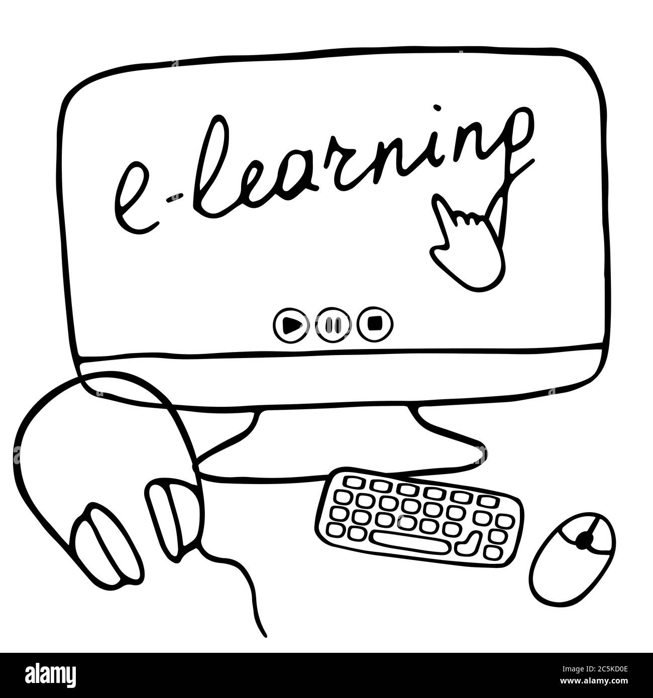 Concepto de e-learning. Espacio de trabajo para la educación en línea y el trabajo remoto. Ilustración vectorial dibujada a mano Ilustración del Vector