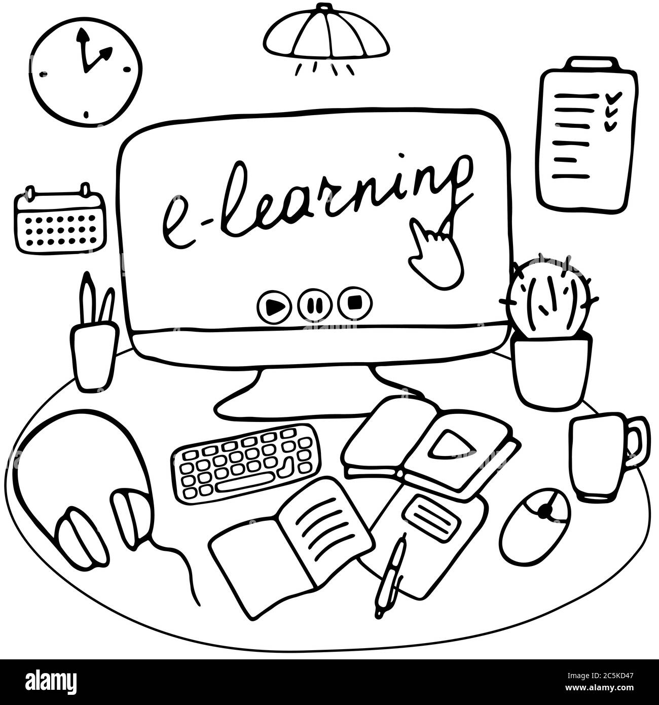 Espacio de trabajo para el aprendizaje en línea y el trabajo remoto. Escritorio con artículos de escritorio y artículos de casa. E-learning, educación en línea, concepto de estancia en casa. Dibujado a mano Ilustración del Vector