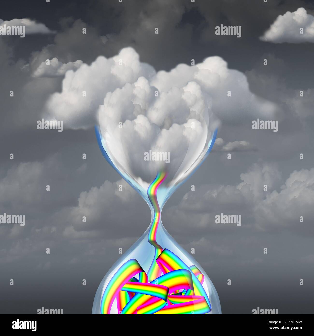 Malla de gradiente de esperanza y tiempo con nubes formadas como reloj de arena como concepto de psicología positiva del humor y la felicidad con elementos de ilustración 3D. Foto de stock