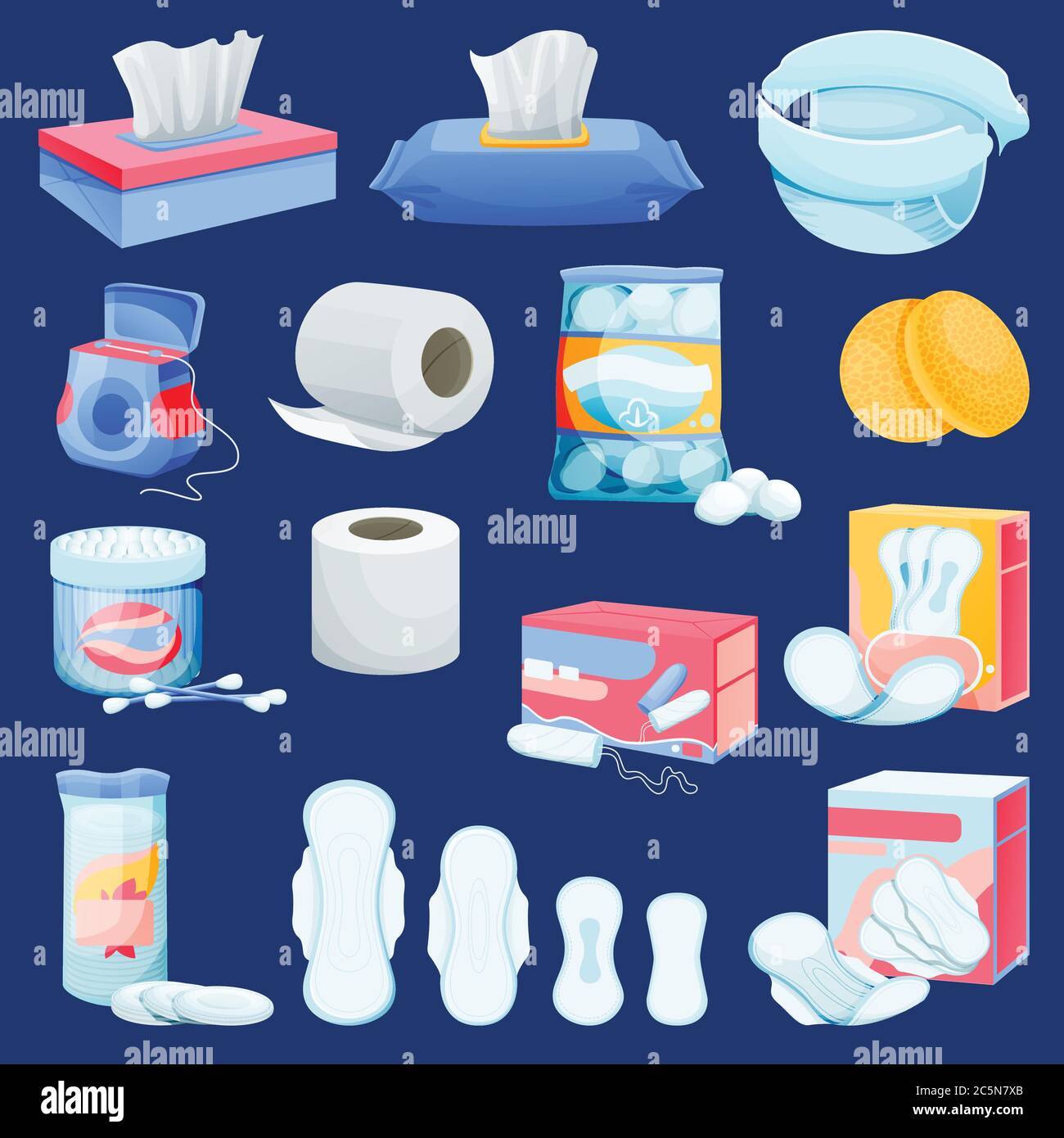 Equipo de artículos de higiene personal. Dibujo de dibujos animados planos vectoriales de complementos higiénicos y de artículos de tocador. Productos de limpieza de belleza facial para mujer. Niños Imagen Vector de Equipo de artículos de higiene personal. Dibujo de dibujos animados planos vectoriales de complementos higiénicos y de artículos de tocador. Productos de limpieza de belleza facial para mujer. Niños Imagen Vector de