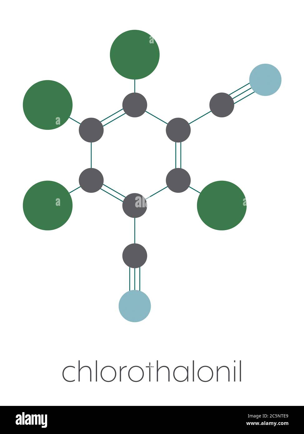 Molécula de plaguicida clorotalonil. Fórmula esquelética estilizada (estructura química): Los átomos se muestran como círculos codificados por colores: Carbono (gris), nitrógeno (azul), cloro (verde). Foto de stock