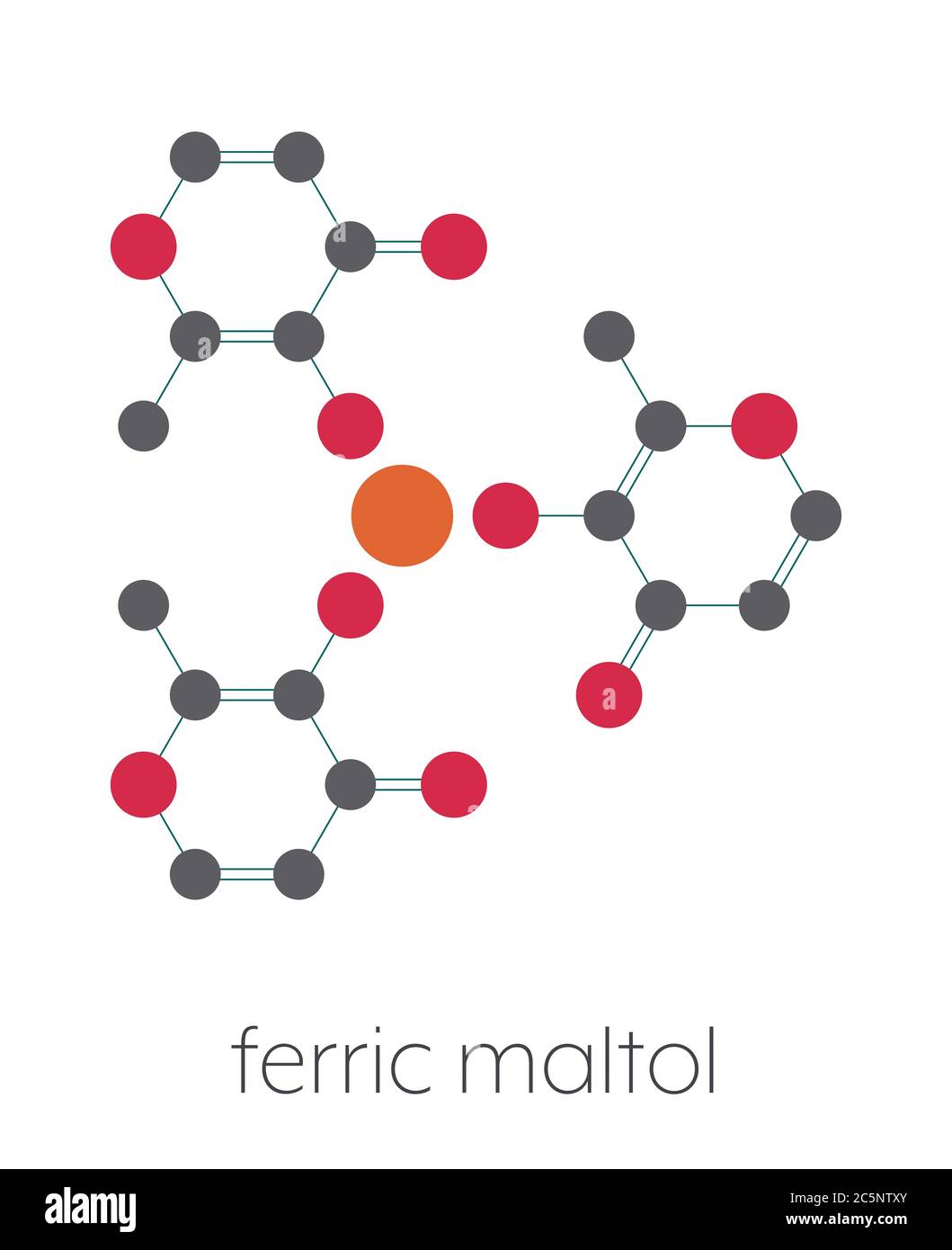Molécula de medicamento ferric maltol con deficiencia de hierro. Fórmula  esquelética estilizada (estructura química): Los átomos se muestran como  círculos codificados por colores: Hidrógeno (oculto), carbono (gris),  oxígeno (rojo), hierro (marrón naranja