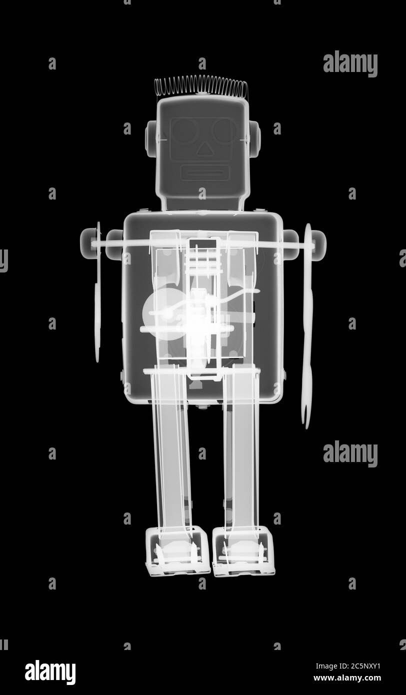 Robot de metal de juguete, rayos X. Foto de stock