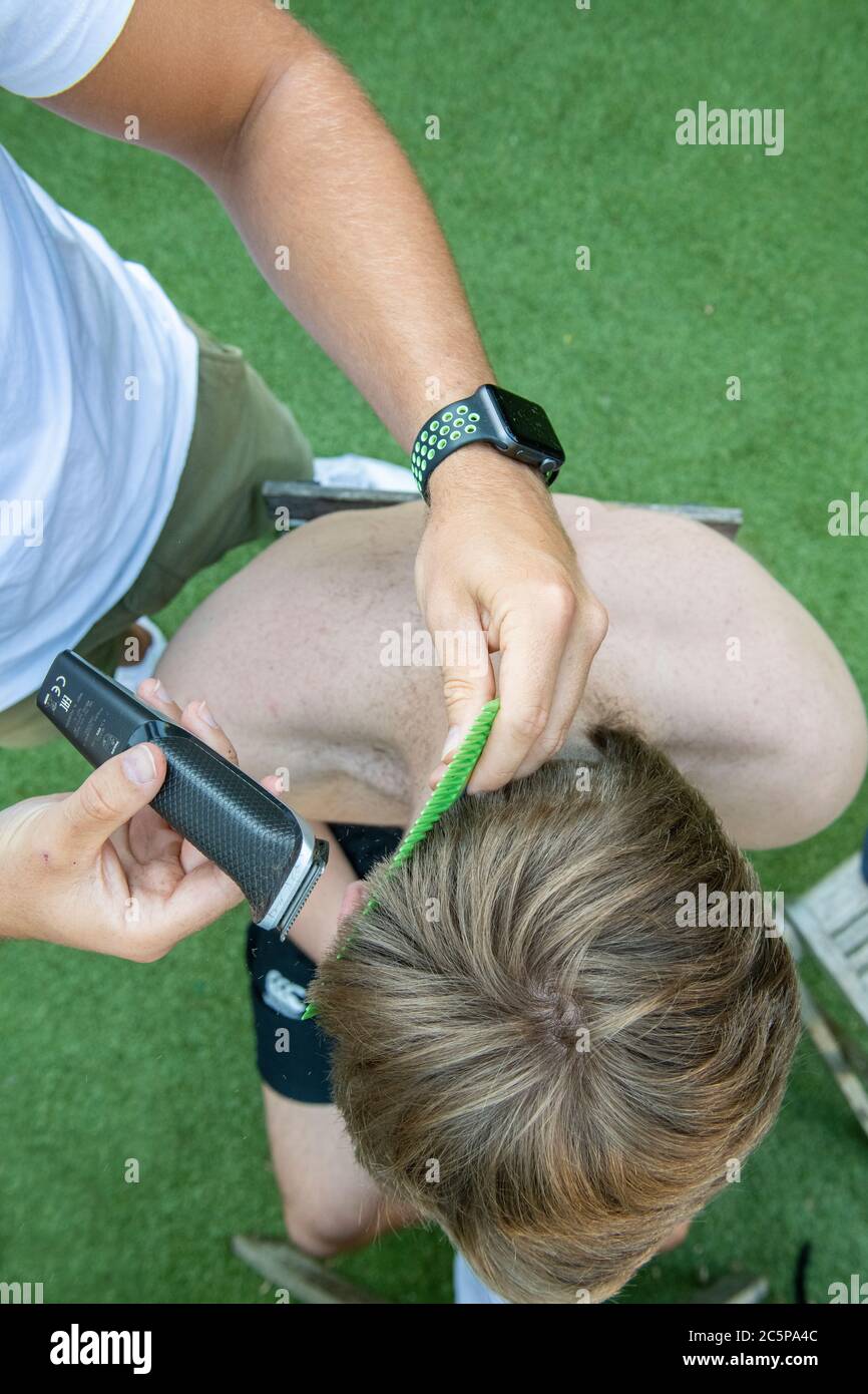 Un corte de pelo cerrado para un niño adolescente en el jardín Foto de stock