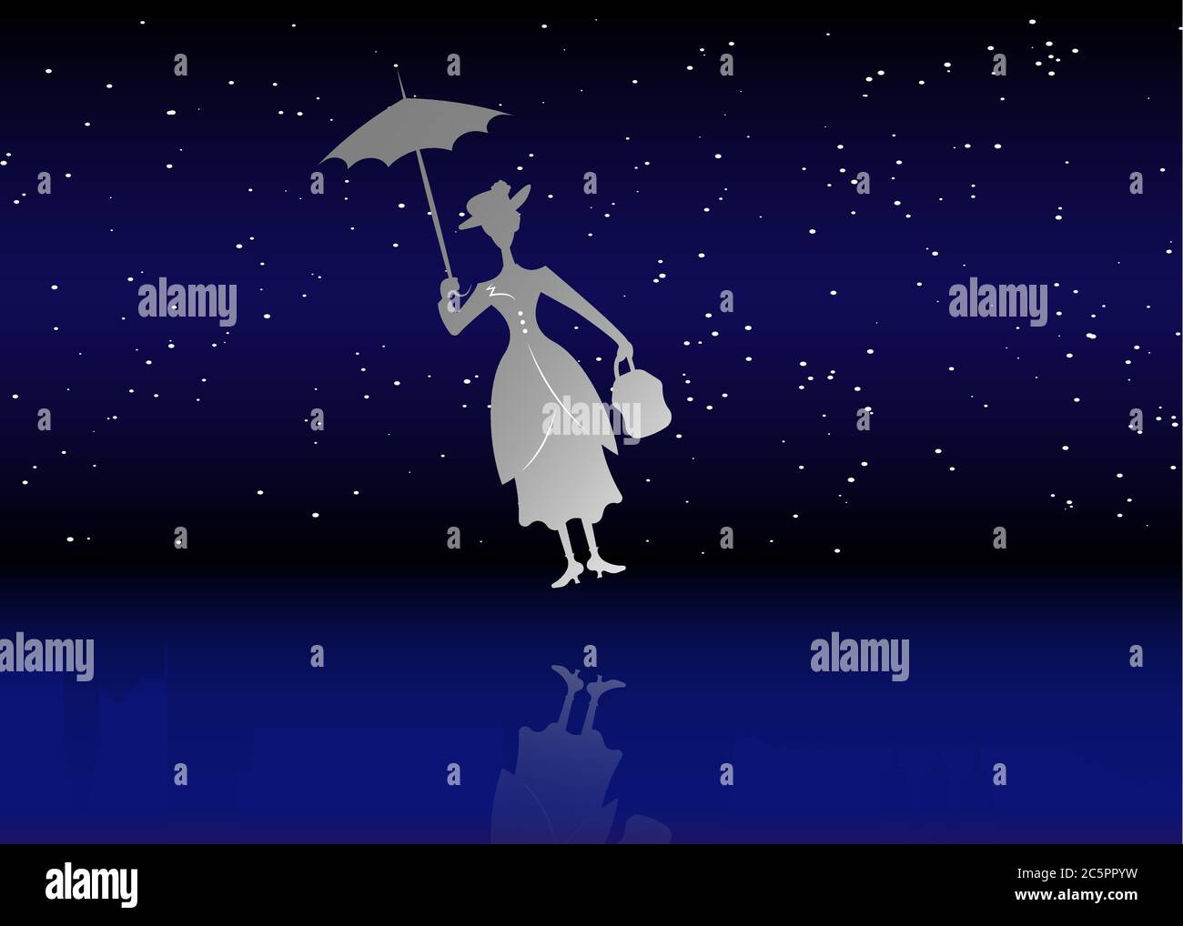 Silueta chica flota con paraguas en su mano, Mary Poppins estilo vector  cielo estrellado fondo Imagen Vector de stock - Alamy