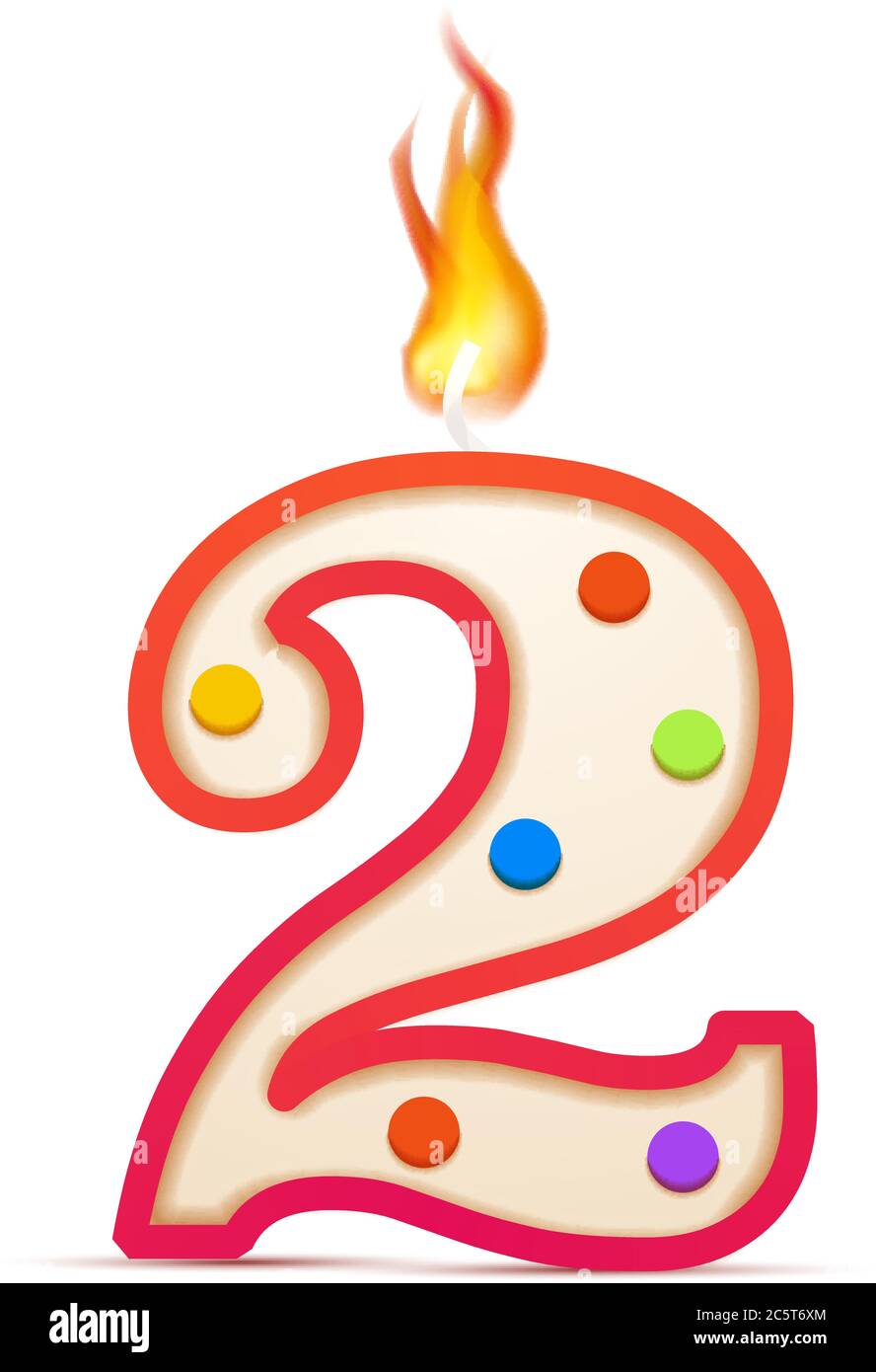 Dos años de aniversario, vela de cumpleaños en forma de 2 números con fuego  sobre blanco Imagen Vector de stock - Alamy