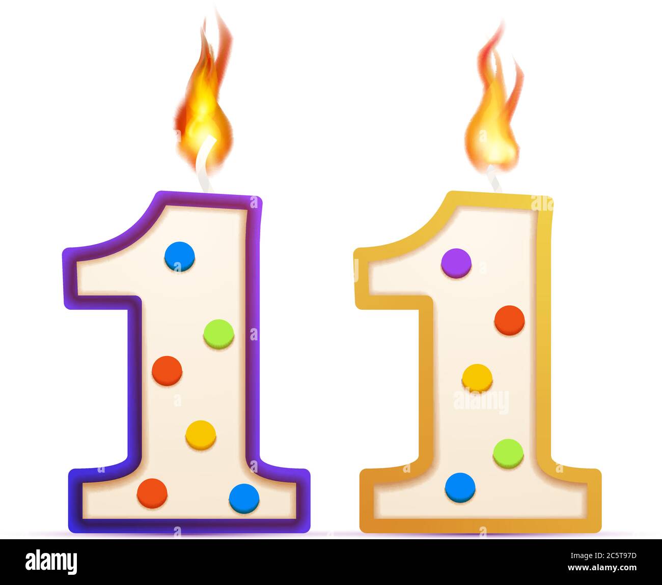 Once años aniversario, 11 número en forma de vela de cumpleaños con fuego  sobre blanco Imagen Vector de stock - Alamy