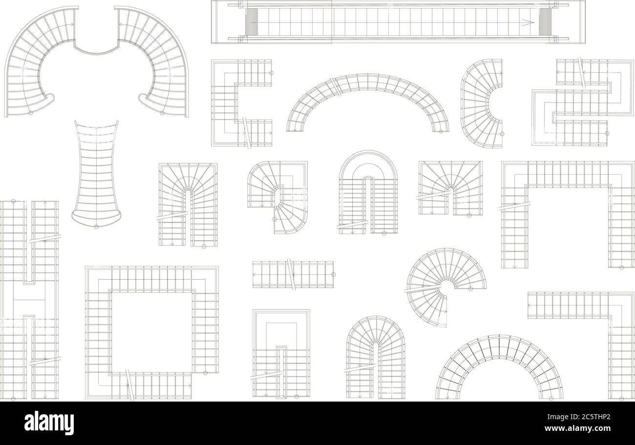 Conjunto gráfico de escaleras en diferentes formas. Vista superior. Ilustración vectorial. Aislado sobre fondo blanco Ilustración del Vector