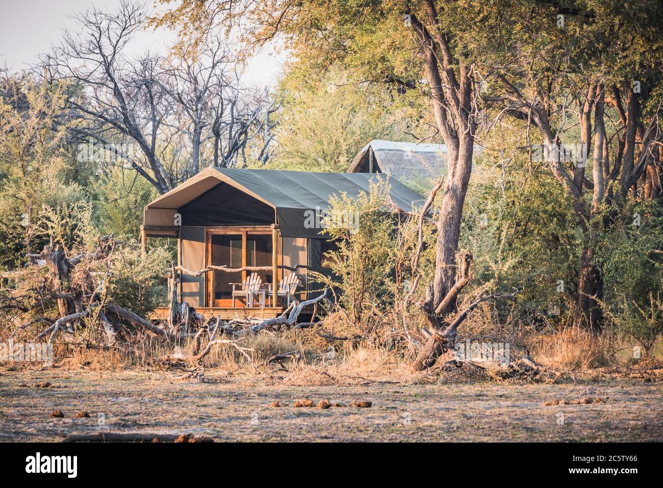 Tienda de safari de lujo en un campamento de tiendas de campaña en el delta del Okavango cerca de Maun, Botswana, África Foto de stock