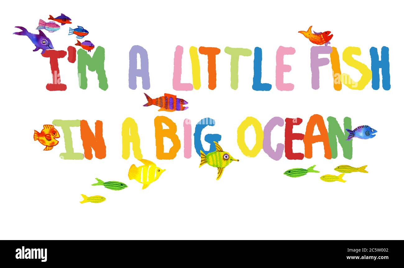 verano divertido ilustración con texto y peces de colores brillantes Foto de stock