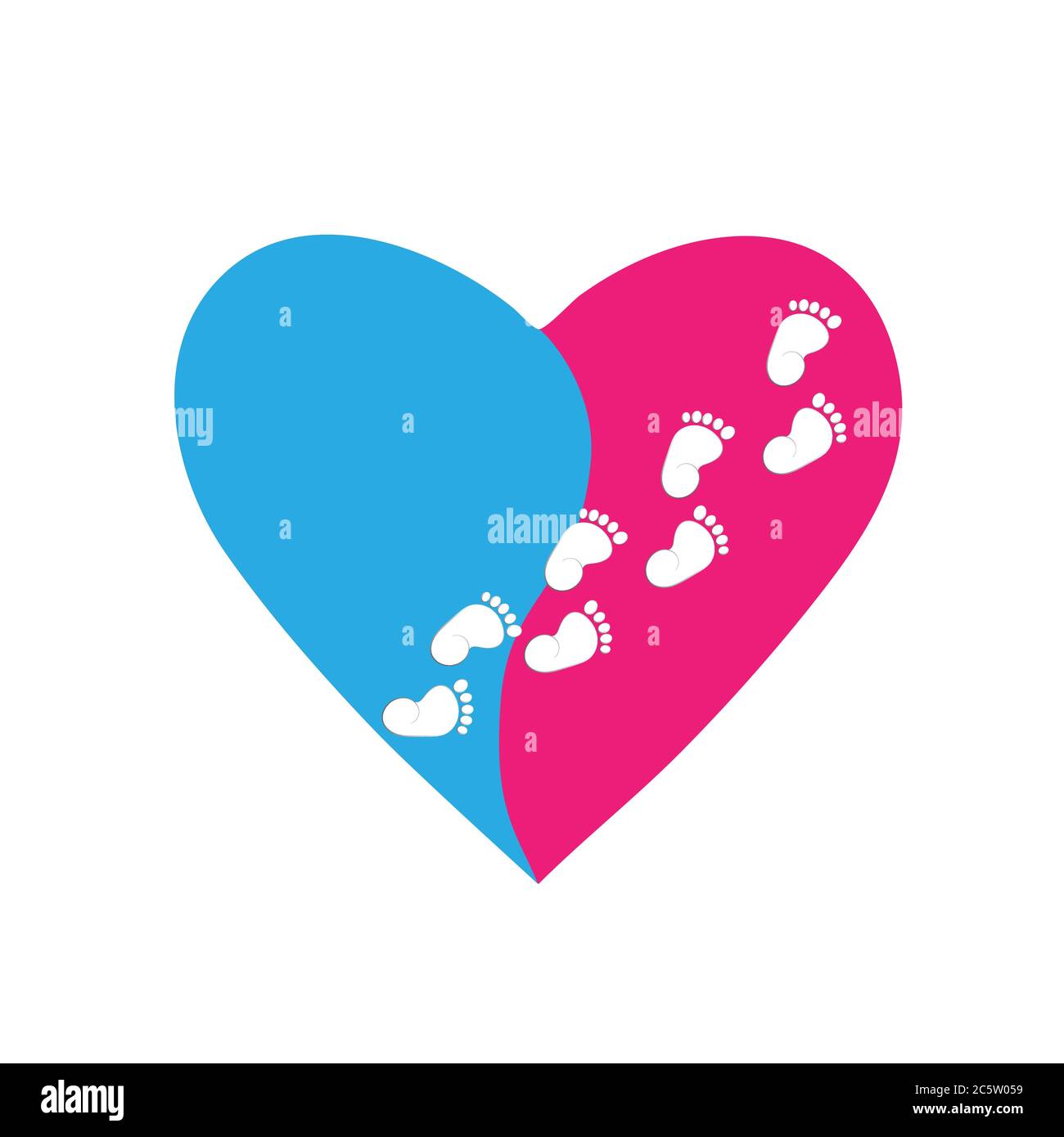 Dos huellas de bebé en forma de corazón. símbolo rojo y azul de un recién  nacido en un corazón.