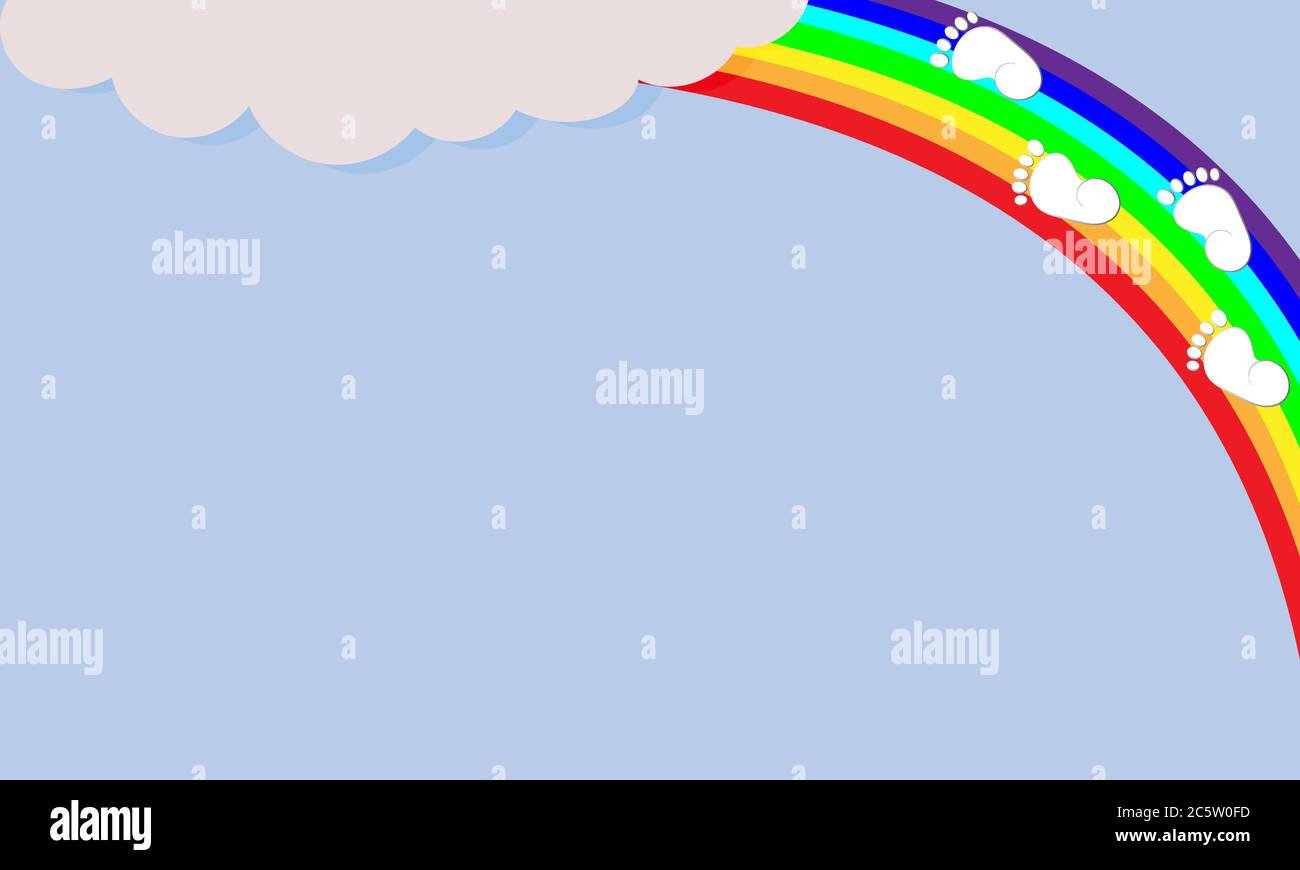 azul cielo fondo bebé huellas en arco iris y nubes blancas para la tarjeta de felicitación con recién nacido o feliz cumpleaños Ilustración del Vector