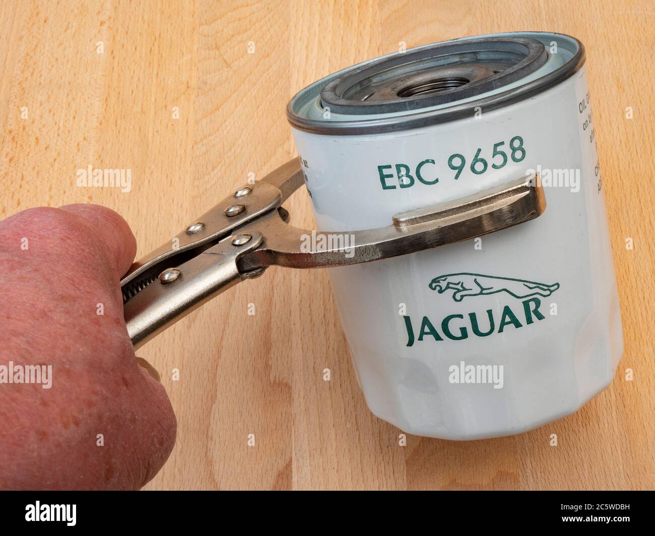 Sujetar a mano una llave con mordazas grandes alrededor de un filtro de  aceite del motor Jaguar: Un elemento de servicio que a menudo es difícil de quitar  sin este tipo de