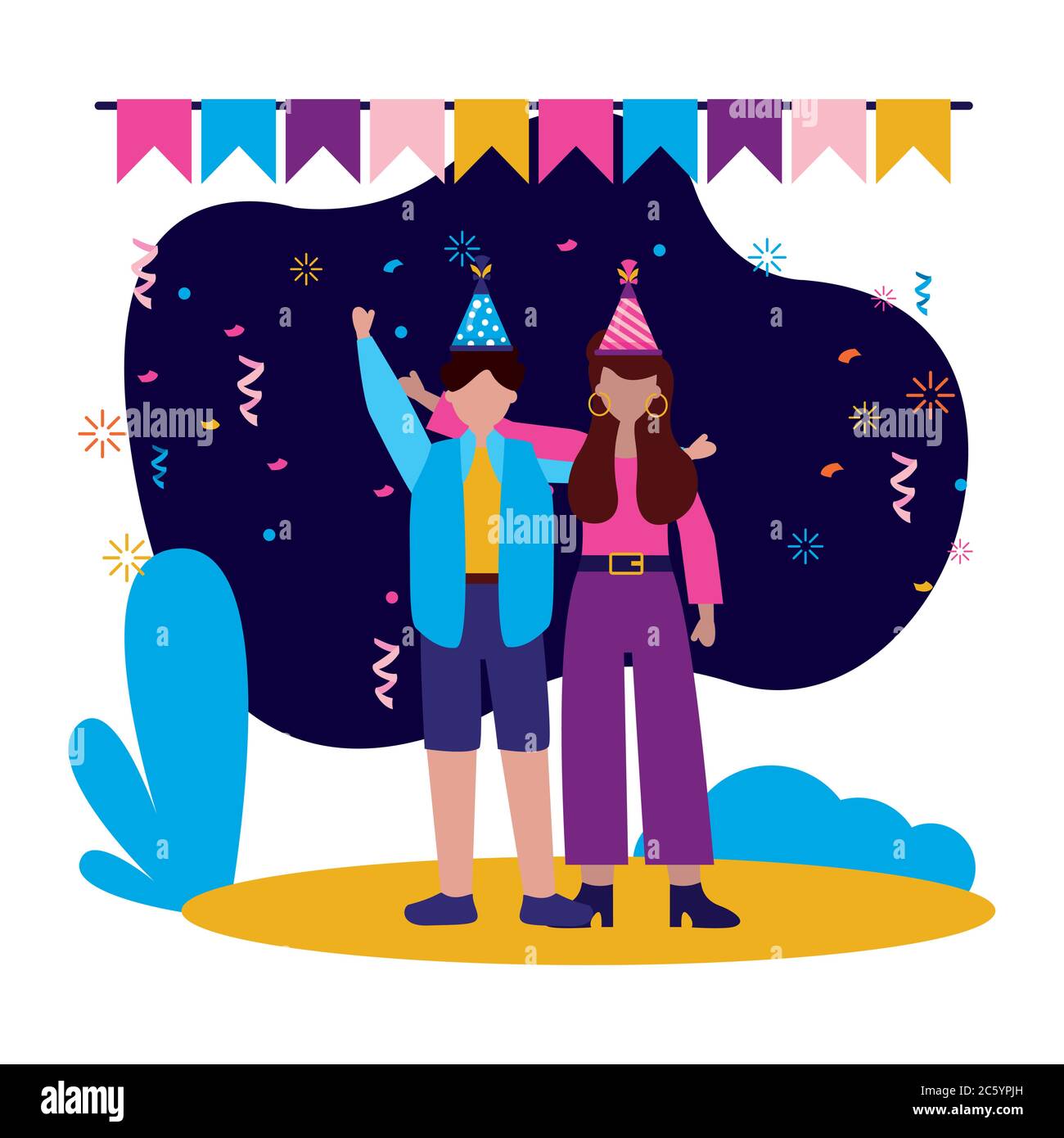 Mujer y hombre con diseño de sombreros, feliz cumpleaños tarjeta  celebración decoración fiesta sorpresa aniversarios e invitación tema  ilustración vectorial Imagen Vector de stock - Alamy