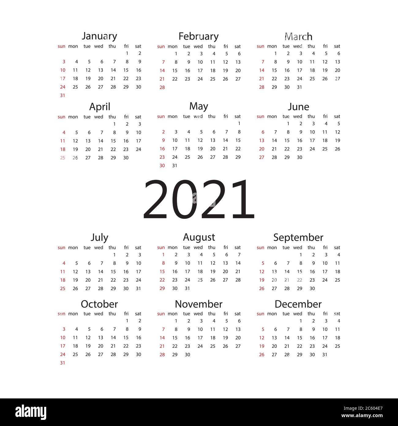 Calendario 2021 La Semana Comienza El Domingo Ilustración Vectorial Diseño Plano Imagen 