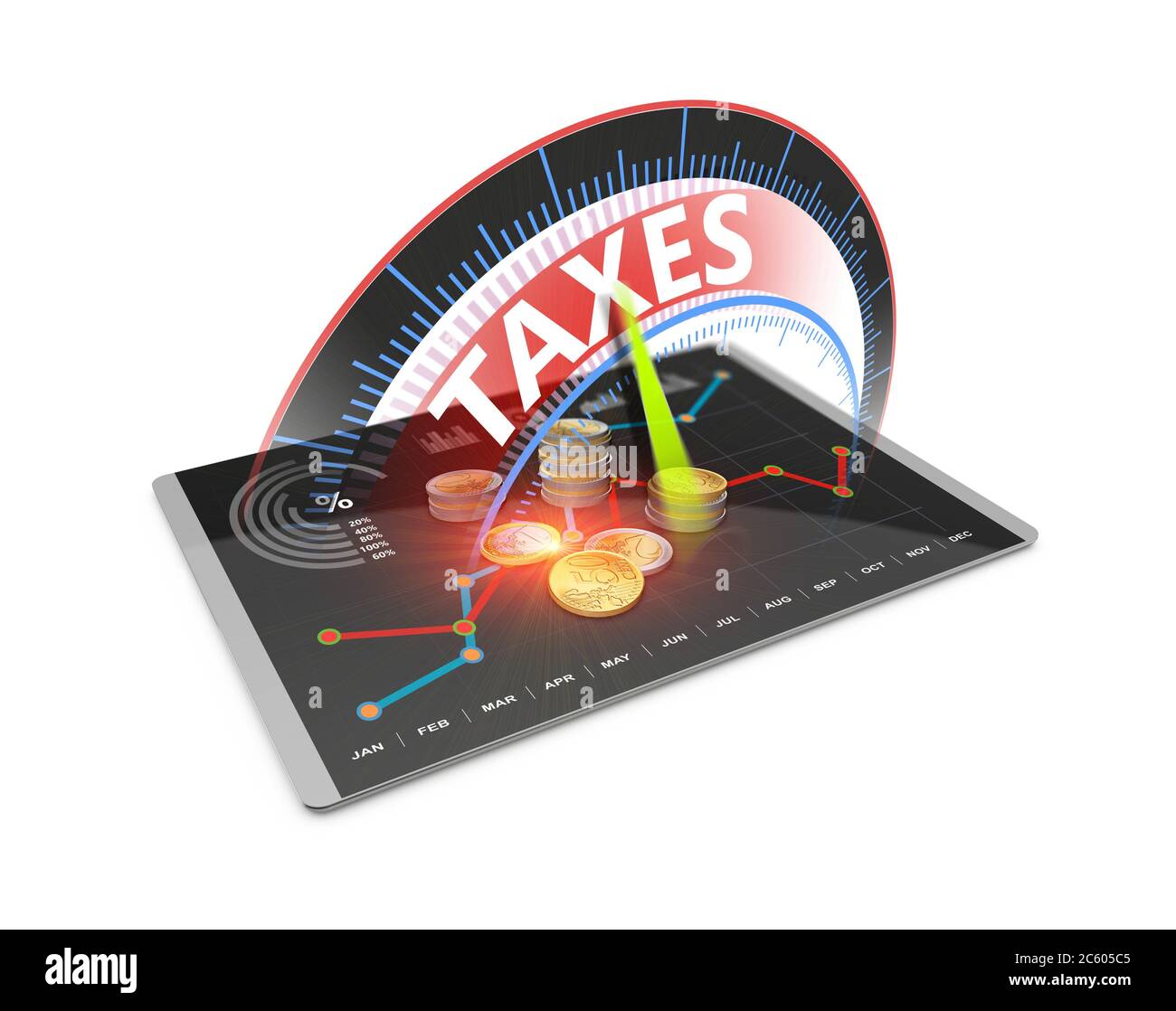Economía tributaria reembolso de dinero como concepto. Tiempo para pagar impuestos, contabilidad, declaración de impuestos, banca 3D Ilustración. Foto de stock