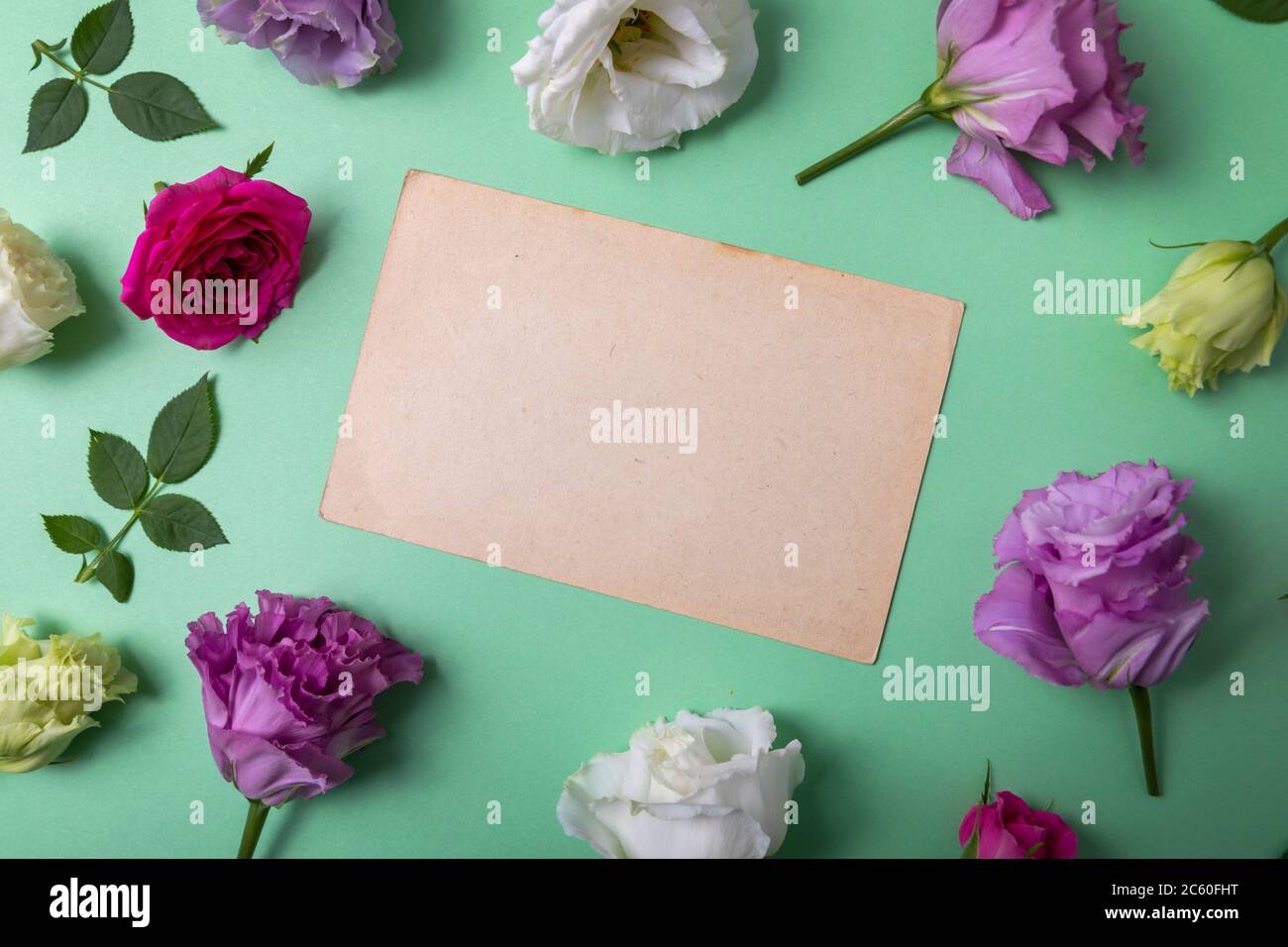 tarjeta de felicitación en blanco sobre fondo verde con marco floral. vista superior Foto de stock