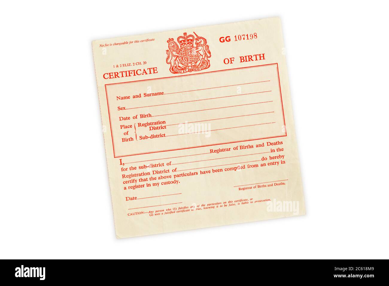Certificado de nacimiento, Reino Unido Foto de stock