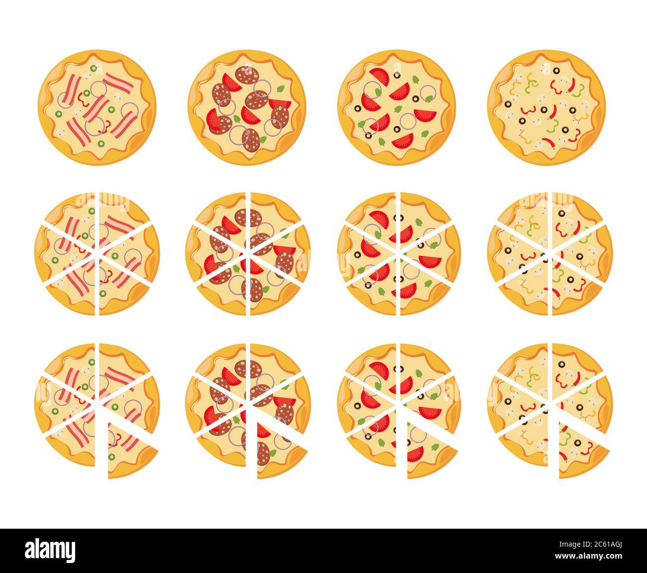 conjunto de iconos de pizza plana aislados en blanco Ilustración del Vector
